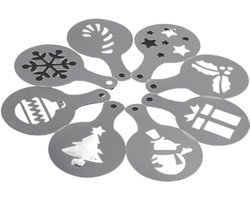 Koffie Stencils - Taart Decoratie Sjablonen - Koffie en Gebak Versieren - 8 Verschillende Patronen - 8.5 cm Diameter - Zilverkleurig