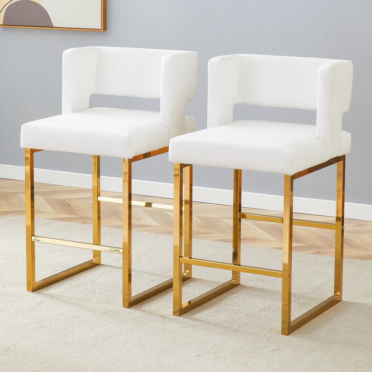 Eetkamerstoelen - Set Van 2 - Gestoffeerde eetkamerstoel - Eettafelstoel - Eetkamerstoelen - Stoel - PU - Metalen stoelpoten - Vierkant ontwerp - Modern Design - Wit, goud