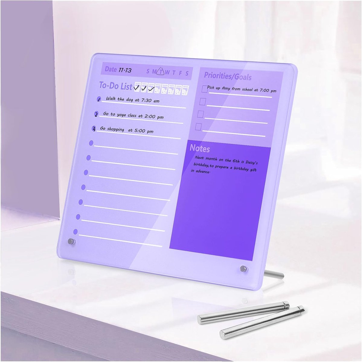 QTTVBTNA – Bureau Whiteboard van Acryl – Droog Uitwisbaar Planbord met Standaard – Schrijfbord voor Planning, Taken, Kantoor en School – 30x25cm – Paars