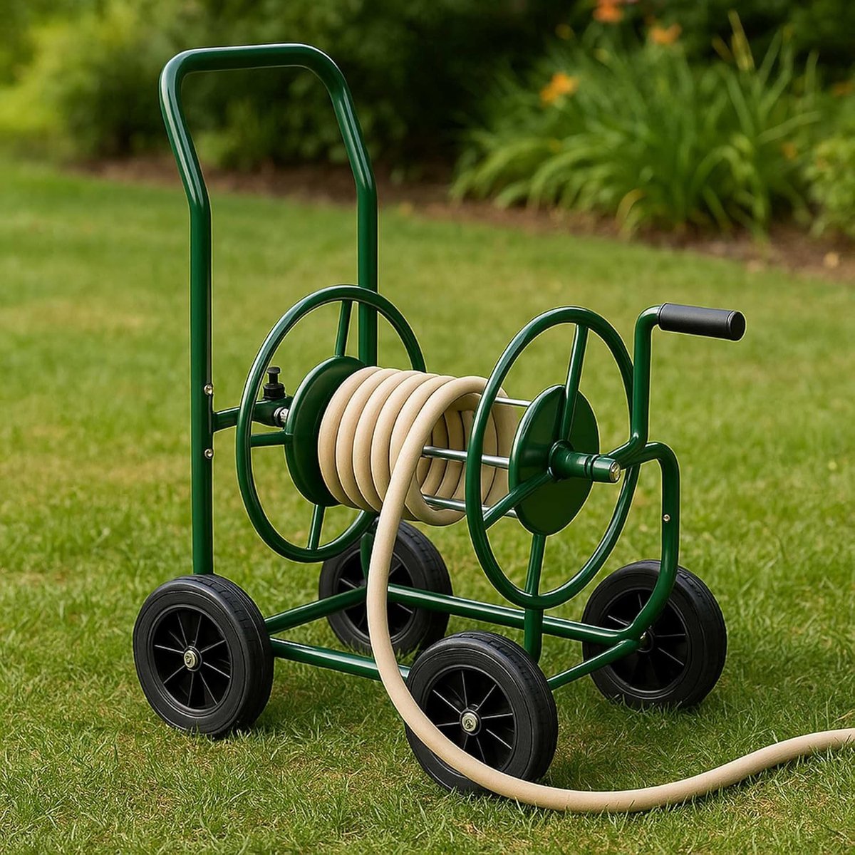 Metalen Slanghaspel op Wielen - Groen - Tuinslang Haspel met Handvat - Voor Tuinliefhebbers