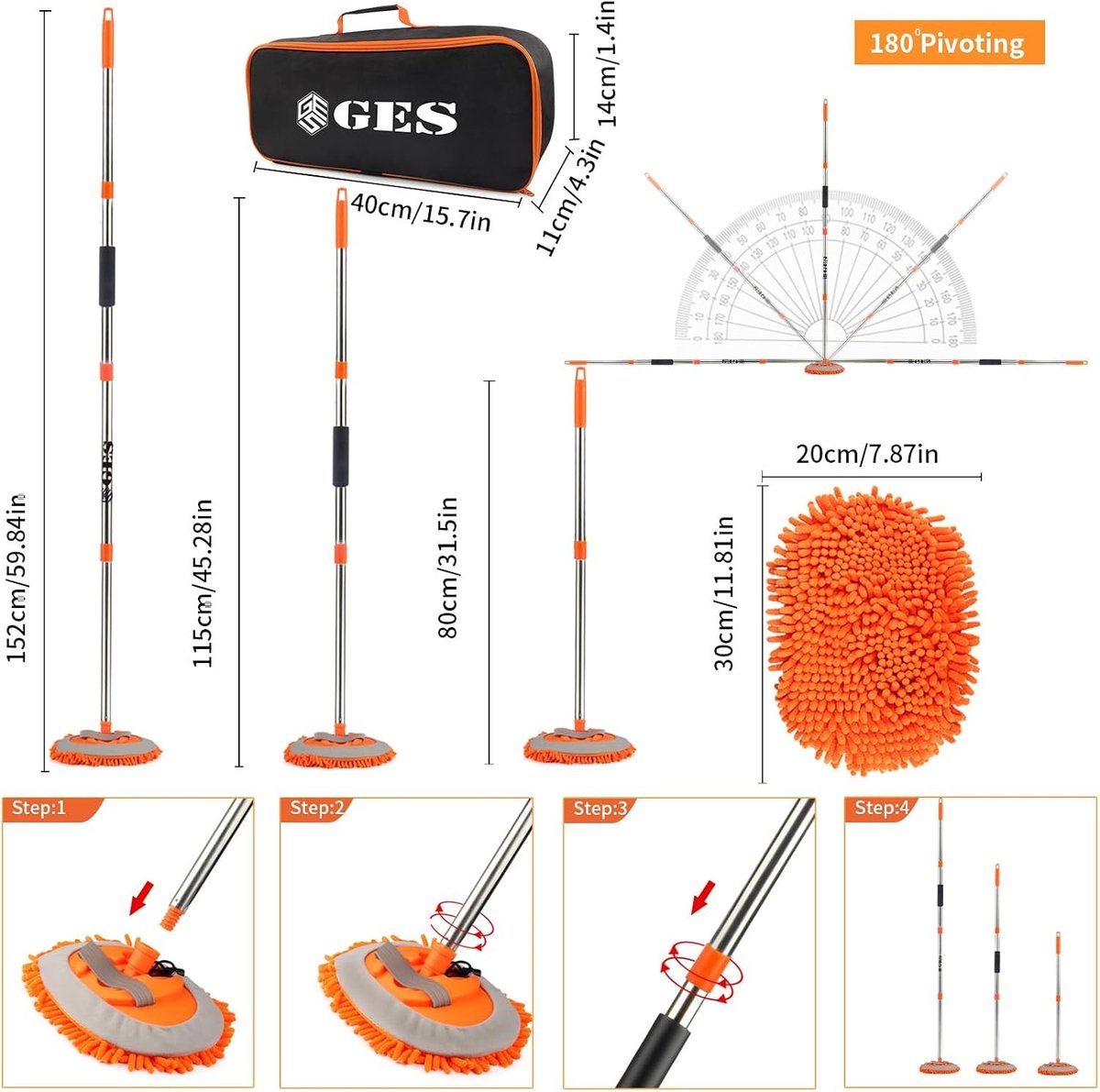 Autowasmop - Oranje - 157,8 cm - Microvezel Chenille Reinigingsset met Telescoopgreep - Voor Auto's en Huishoudelijke Toepassingen