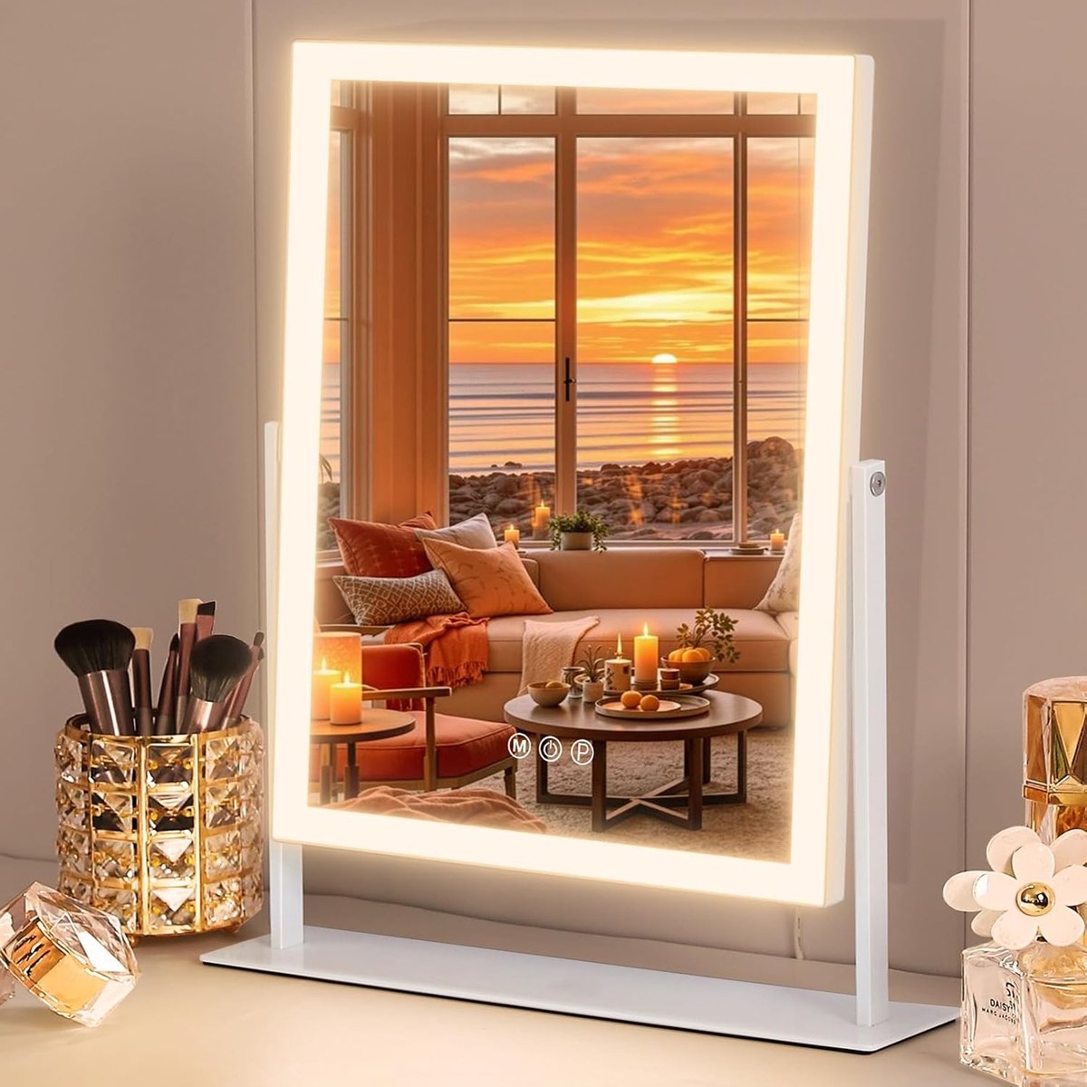Make-up Spiegel met Verstelbare Verlichting - Wit - 30 x 41 cm - Hollywood Spiegel met Touchbediening en 10x Vergroting - Voor Make-upliefhebbers