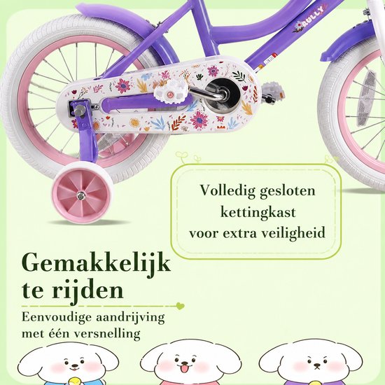 Vankel Meisjesfiets - 12/14/16 inch - Prinses Bloemendesign - Met Zijwieltjes, Roze Rieten Mand en Poppenzitje - Paars van VANKEL — afbeelding 2