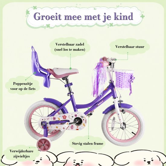 Vankel Meisjesfiets - 12/14/16 inch - Prinses Bloemendesign - Met Zijwieltjes, Roze Rieten Mand en Poppenzitje - Paars van VANKEL — afbeelding 3
