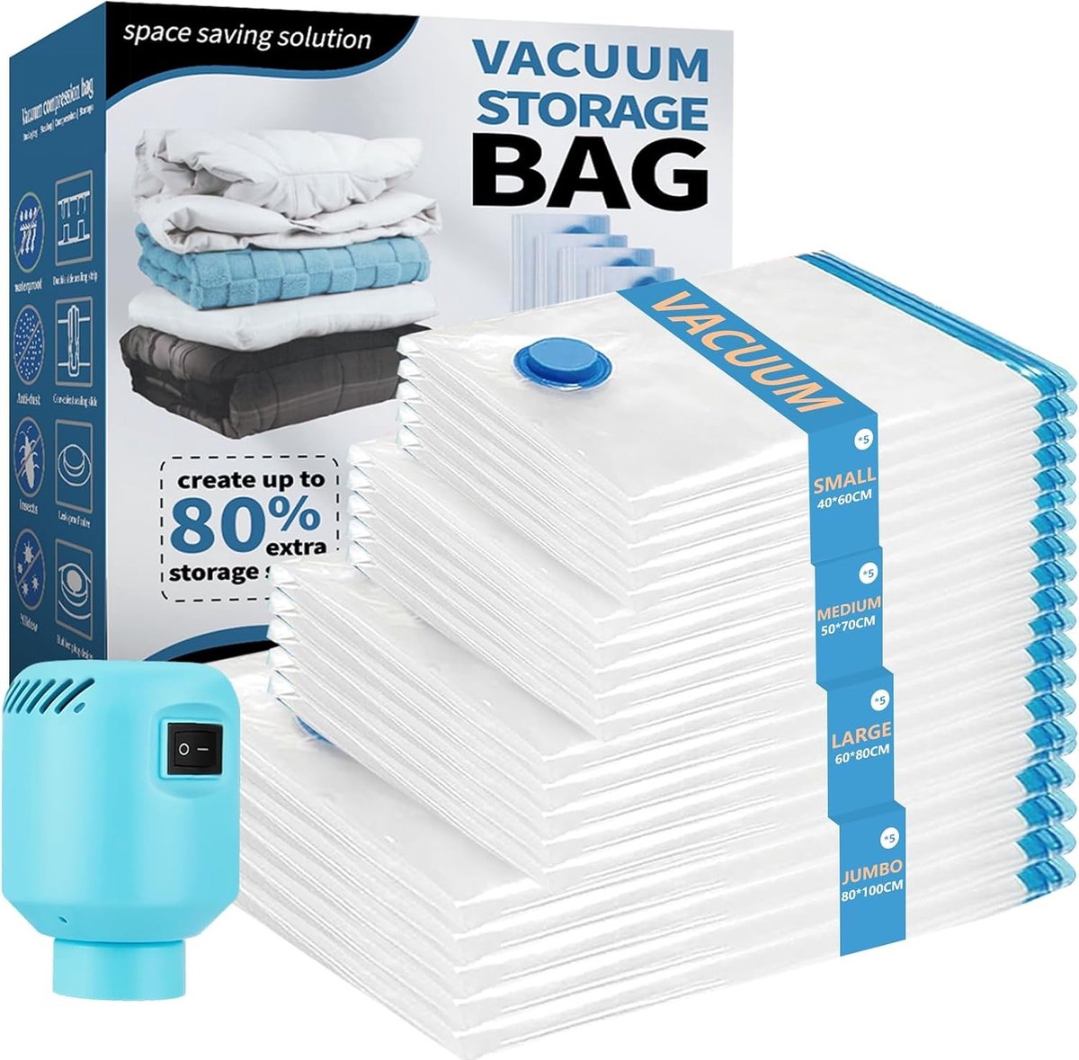Vacuümzakken voor Kleding - Blauw - 40 x 60 cm - Herbruikbare Ruimtebesparende Zak met Elektrische Pomp - Voor Kleding en Dekbedden