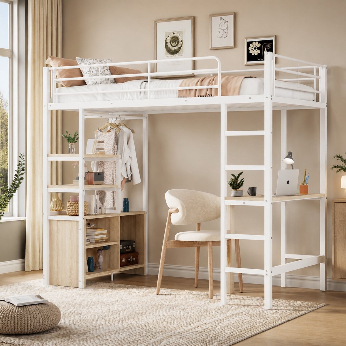 COVREO Hoogslaper 90x200 cm wit metaal, met bureau en opbergruimte
