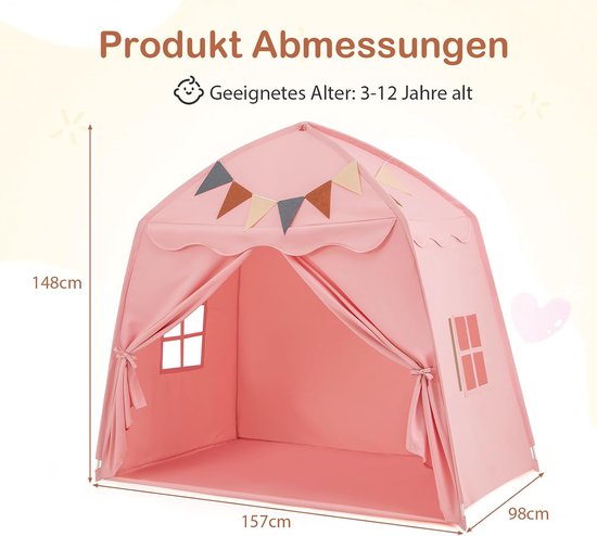 COSTWAY Speelhuisje voor kinderen, kindertent met vlaggen en lichtkettingen, prinsessenspeeltent, grote tent voor kinderkamer voor jongens en meisjes vanaf 3 jaar, 157 x 98 x 148 cm (roze) van COSTWAY — afbeelding 3