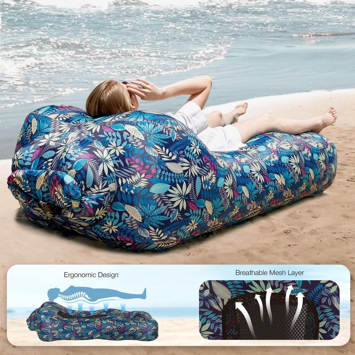 Opblaasbare Ligstoel - Tropisch Blauw - 190 x 80 cm - Waterdichte Luchtbank - Voor Strand en Zwembad