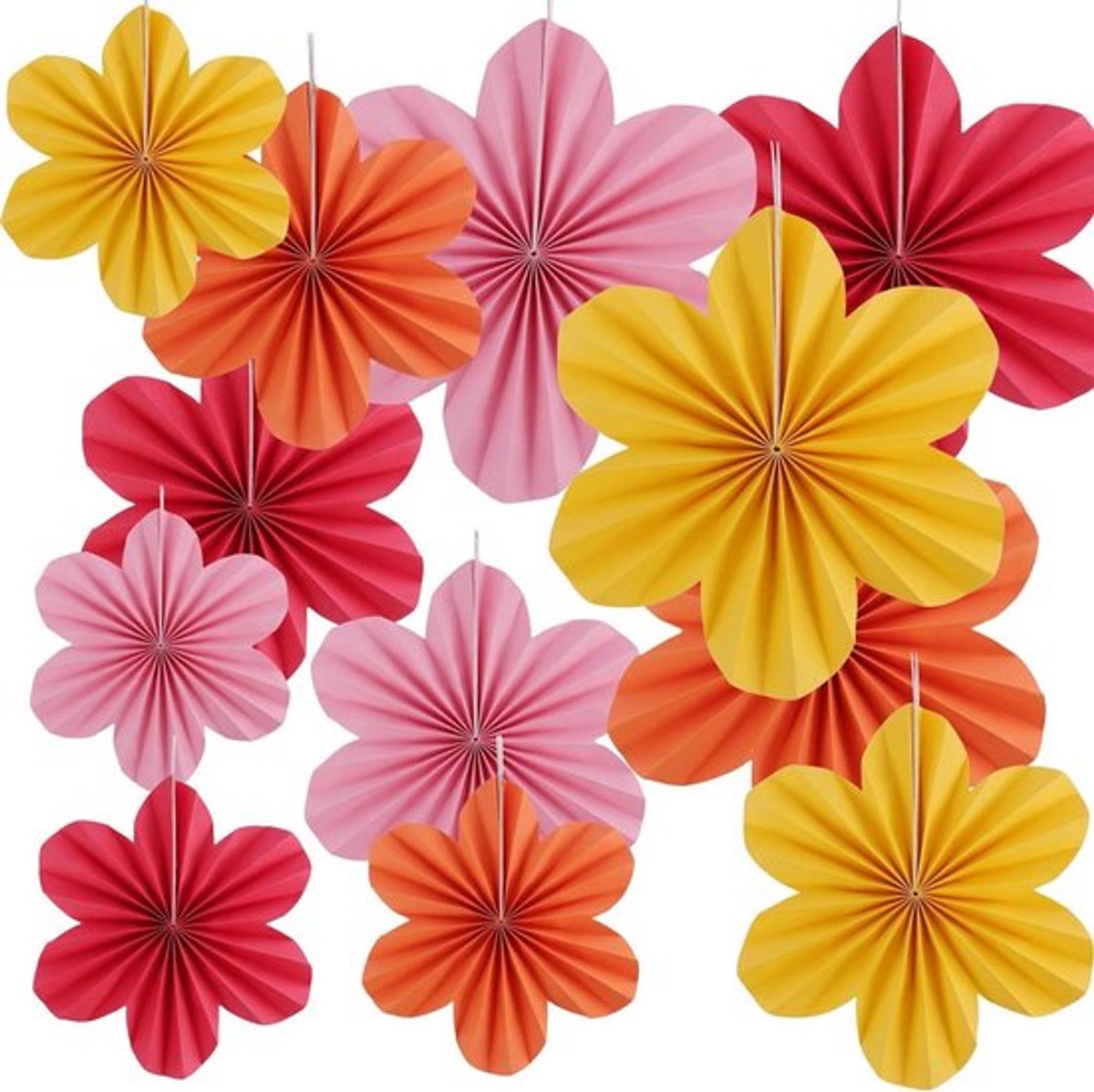 Papieren Waaiers Set Van 12 Stuks Voor Feesten En Bruiloften - Decoratie Bloemen Hangend 20/25/35 cm - Rood Geel Roze Bouquet