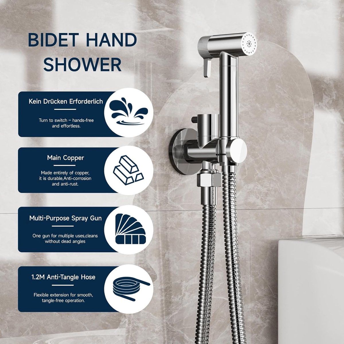 WC-handdouche - Verchroomd - 1,2 m - Multifunctioneel met Dubbele Wateruitlaat - Voor Intieme Hygiëne en Badkamerreiniging