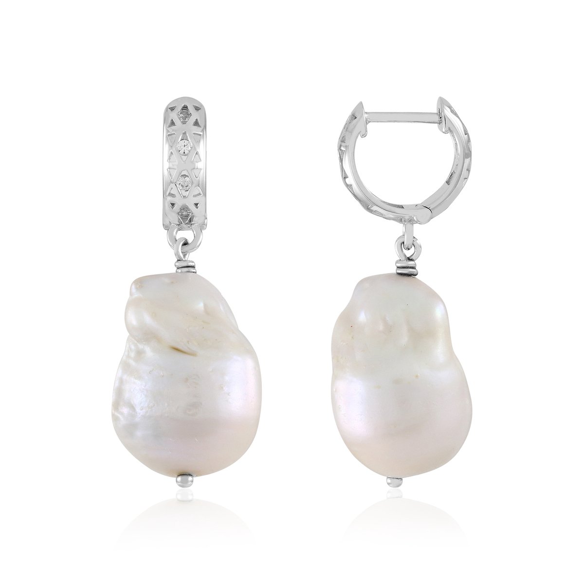 Cavill - Elegante Oorbellen - 925 Sterling Zilver Gerhodineerd - Witte Zoetwaterparels Fancy Slijpsel - Zirkonia 0,16 ct - 43 mm