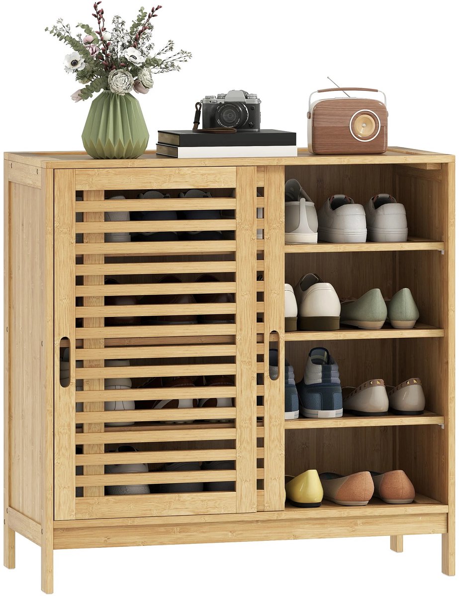 NordHaus Schoenenrek - Schoenenkast - Opbergmeubel - Verstelbare planken en 2 schuifdeuren - 80 x 35 x 80 cm naturel