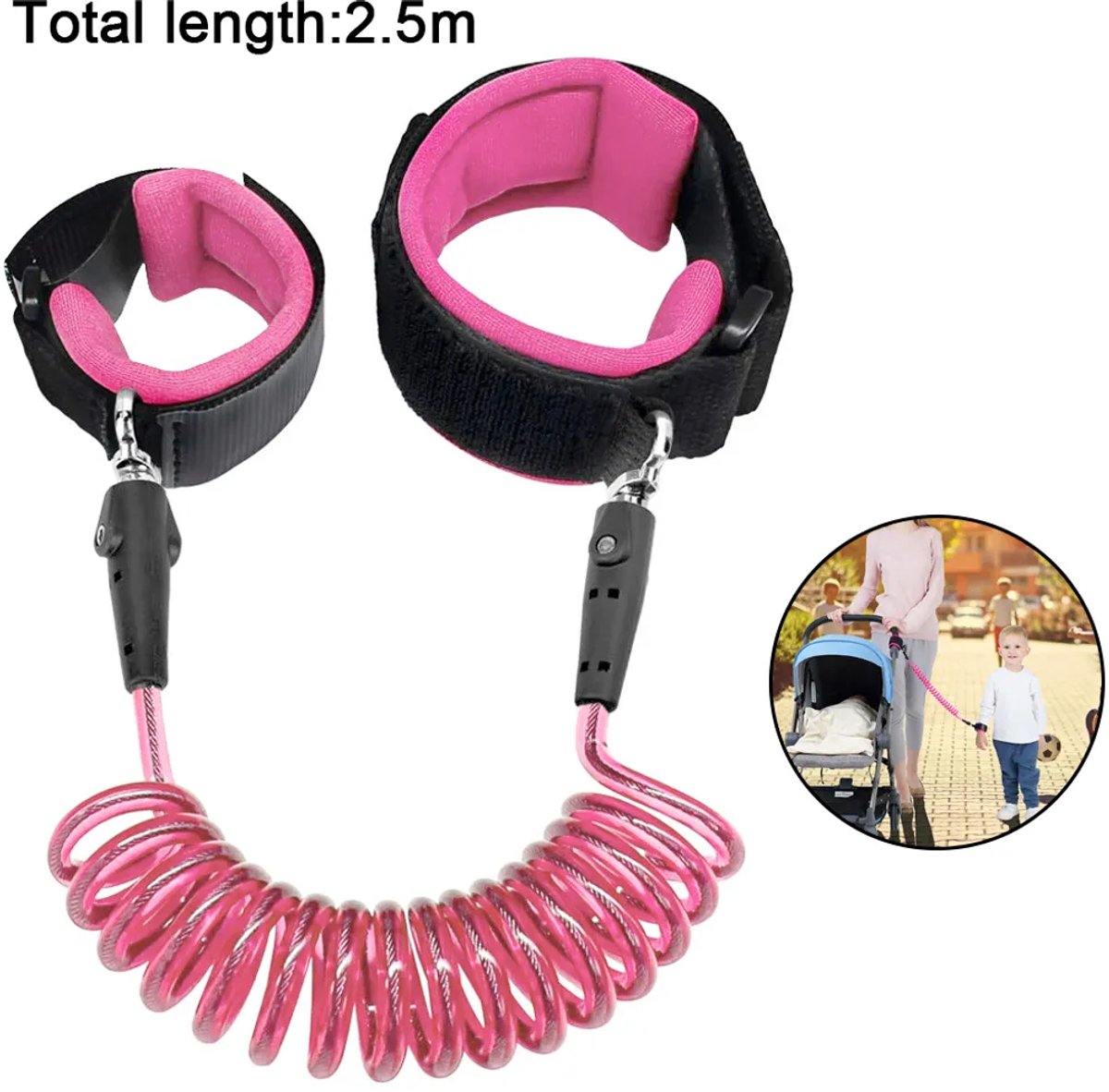 Kinderarmband tegen verlies, veiligheidsarmband, 360° draaibaar, elastische stalen kabel, ademende armband, Geschikt voor reizen en buitenwandelingen, roze, 2,5 Geschikt voorer.