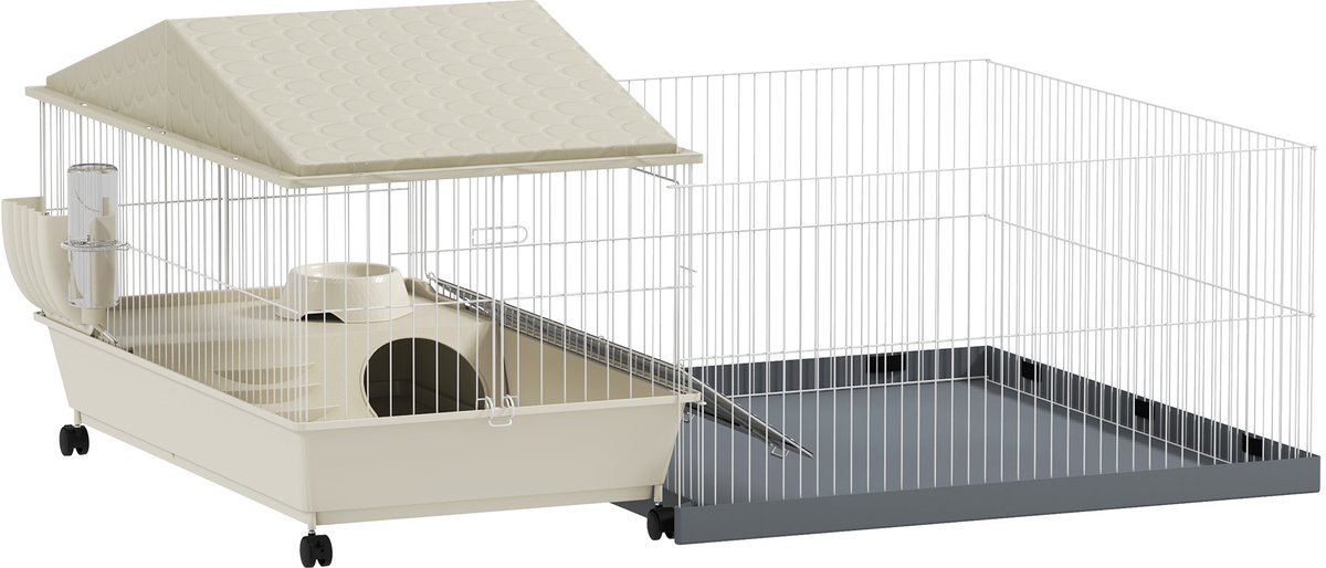 Kleine dierenkooi met afneembare speelbak – cavia-kooi met waterdichte mat en hooivoederbak – afmetingen 108 x 71 x 57 cm – beige