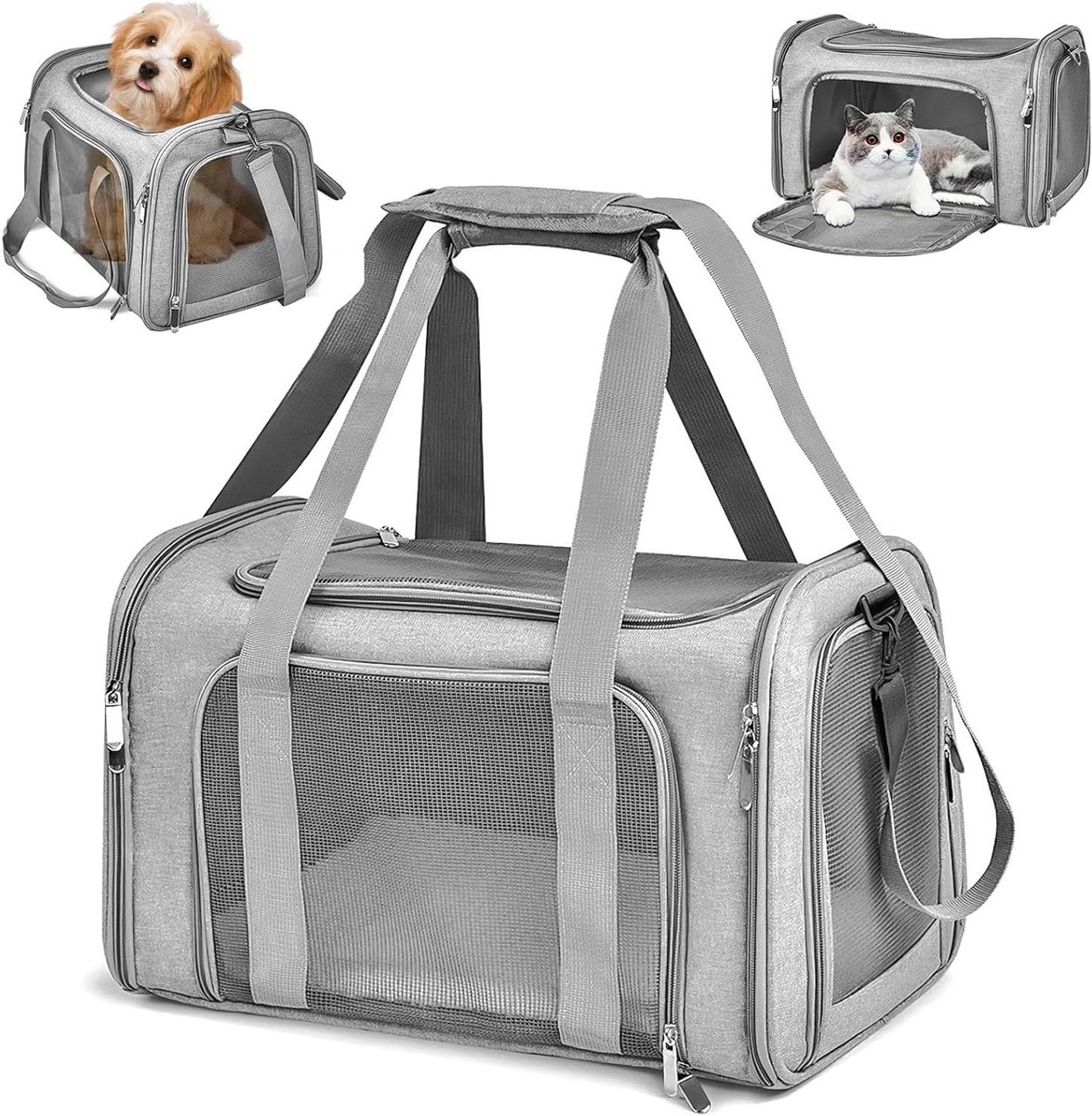Draagbare Huisdierentas - Reistas Kat Hond - Veilig Vervoer - Ademend Mesh - 45x30x30 cm - Grijs