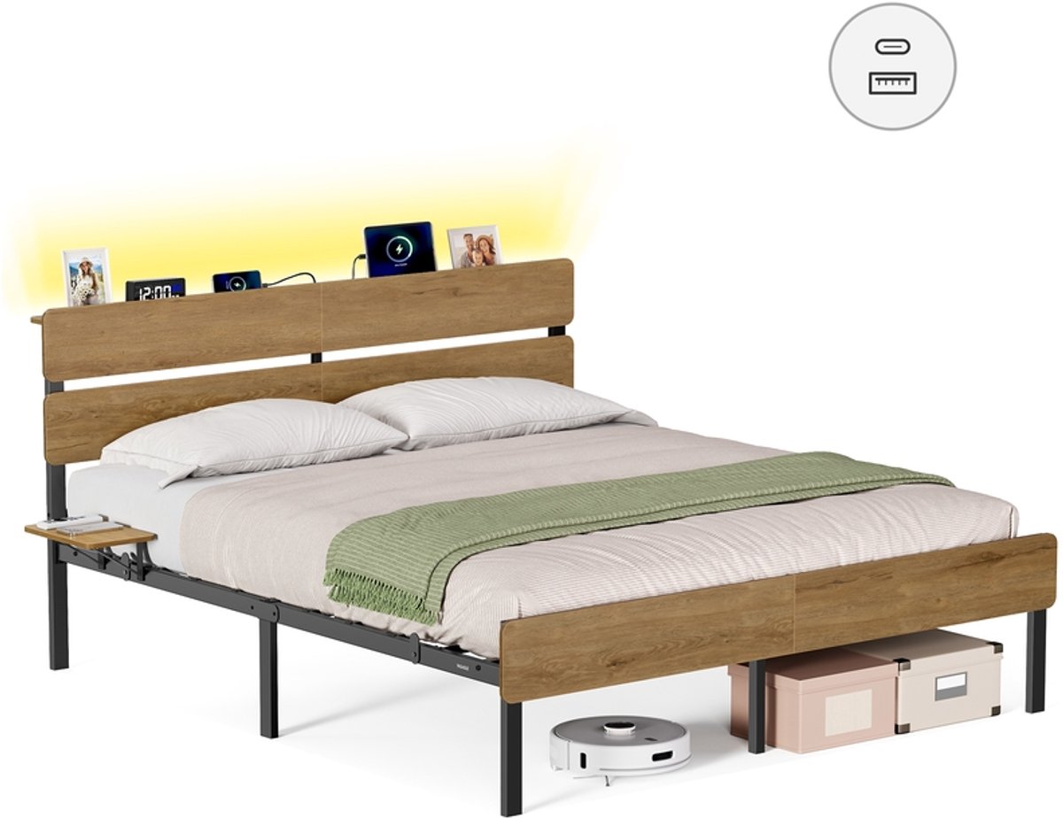 Bedframe – Met USB-aansluiting – Natuurlijk bruin – 160 x 200 cm
