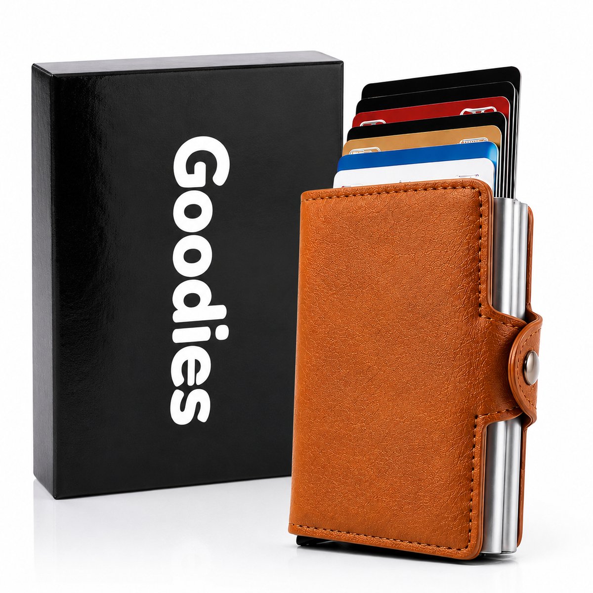 Goodies® Pasjeshouder Uitschuifbaar - RFID Creditcardhouder - 14 Pasjes - Anti-diefstal - Kaarthouder - Cognac - Leer & Aluminium - Incl. Cadeauverpakking