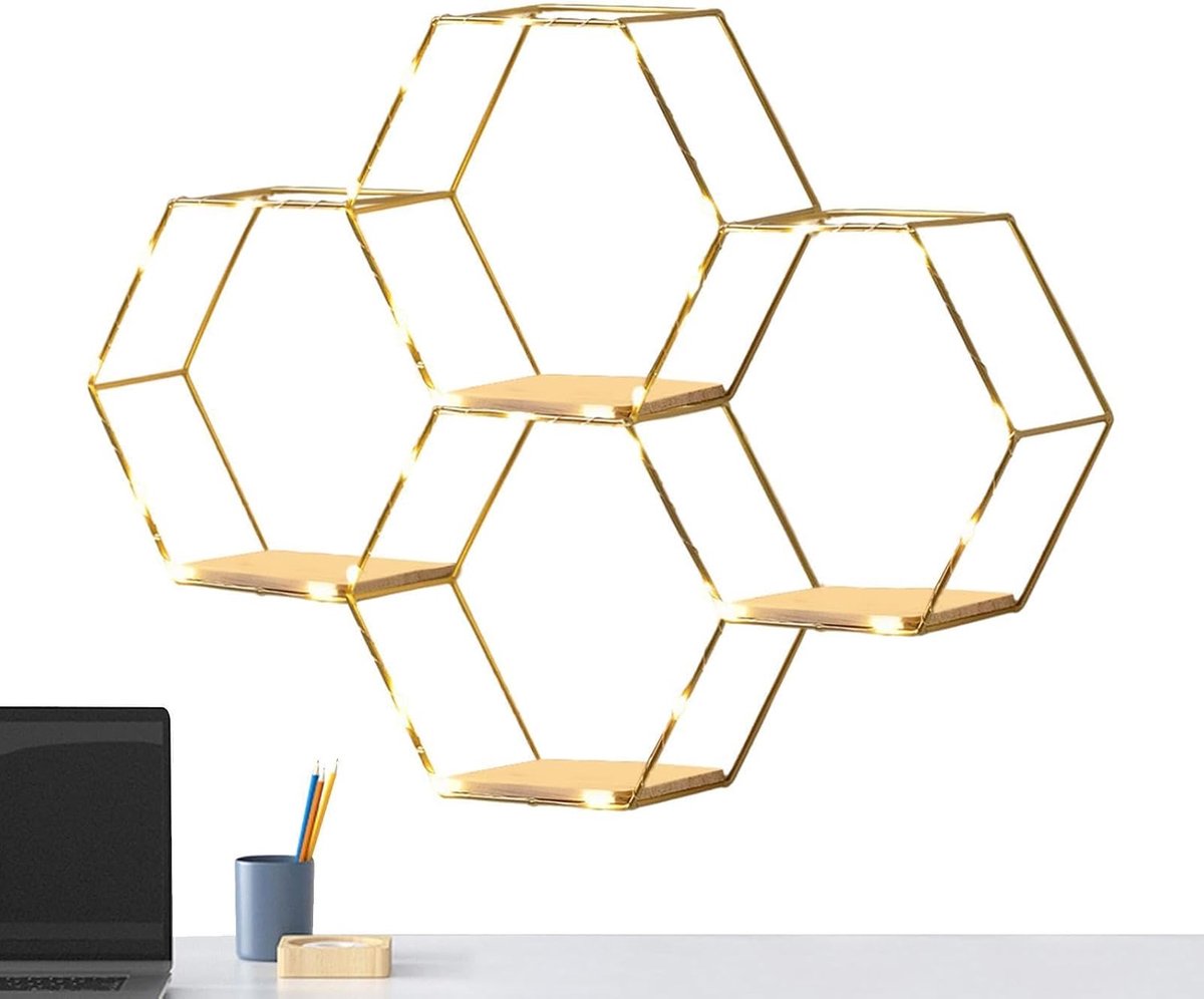Honingraat wandplanken - Zeshoekige planken - Ruimte Decoratie - Met LED verlichting - Set