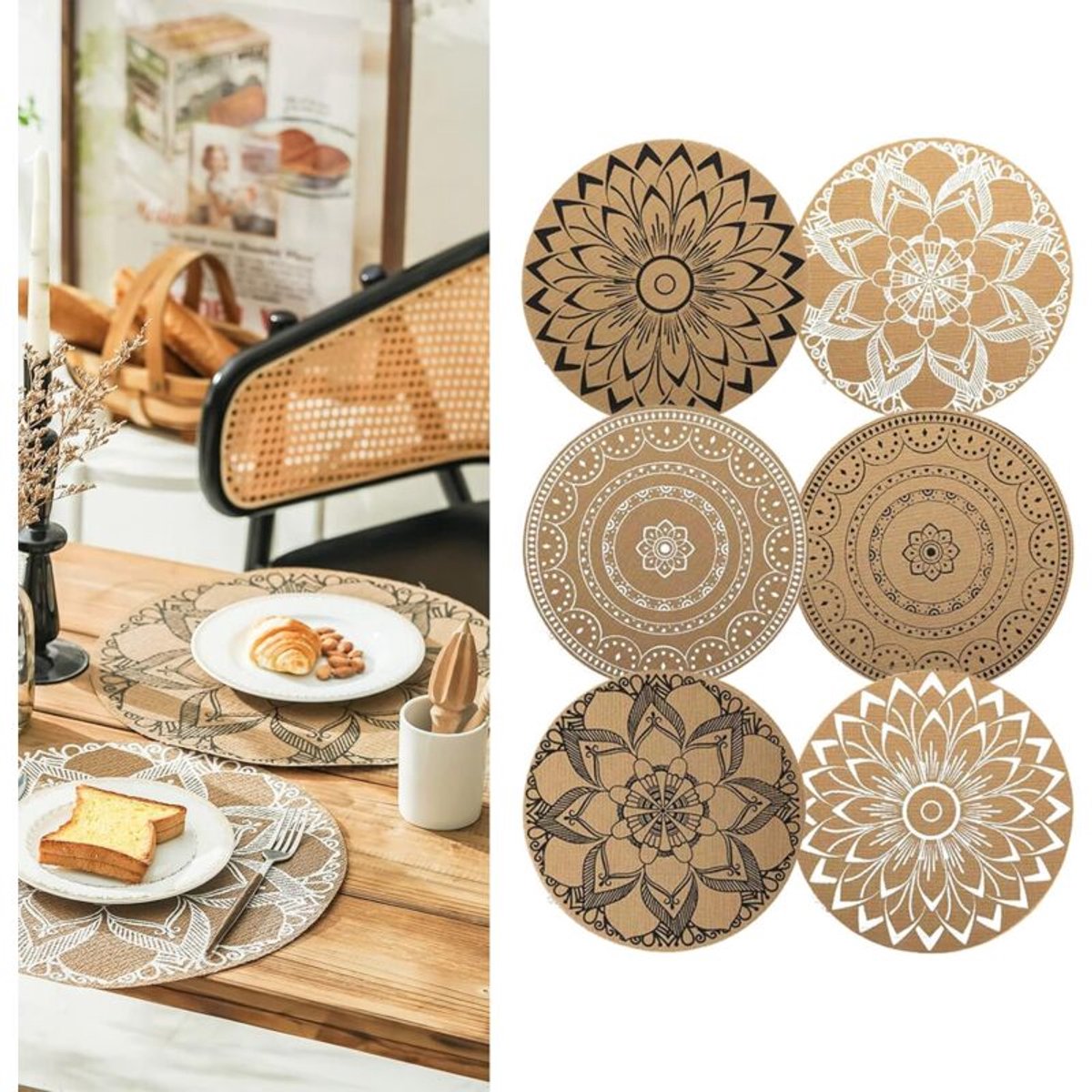 YAGXIG Ronde Placemats - PVC Geweven Placemats- Ronde placemats met bohemian print- Onderzetter - 6 Stuks - Diameter 38 cm - Geschikt voor keuken- en eettafels