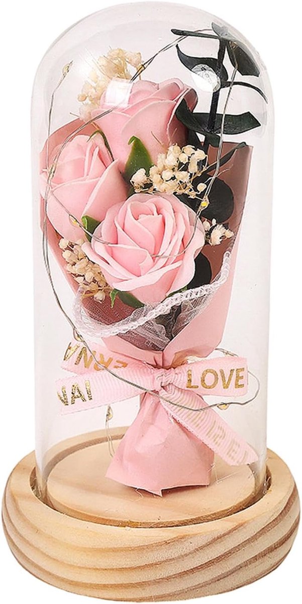 Roos in glazen koepel - Eeuwige roos Deco roos - Romantische sfeer creëren - Zeer transparant glas - 9x16CM - Roze