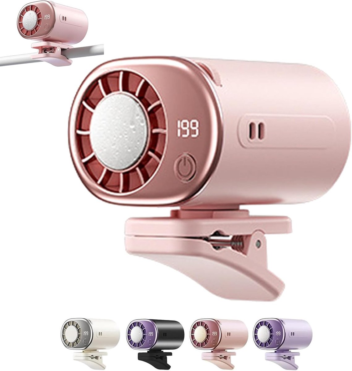 Nieuwe klembare koelventilator voor auto met LED-scherm, compact draagbaar mini autokoelsysteem, 360 graden draaibaar en verstelbaar, 199 instelbare snelheden, roze