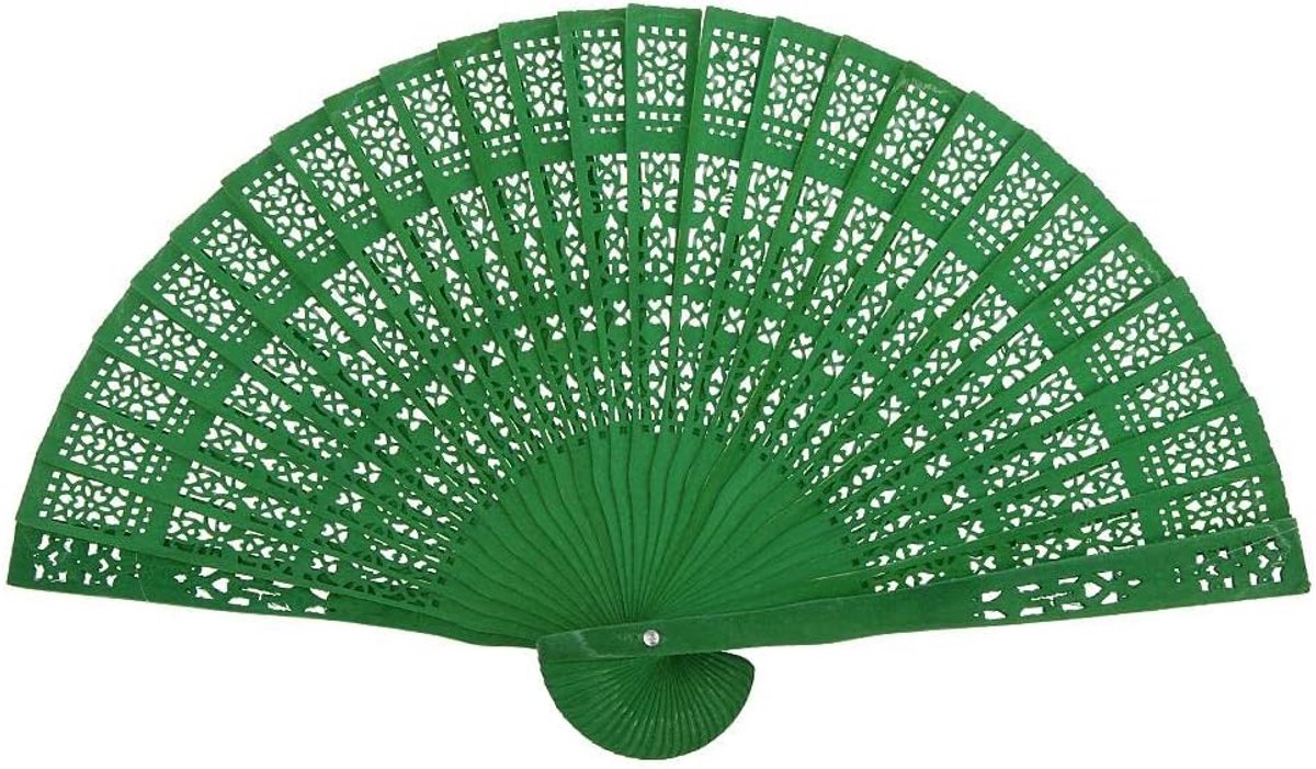 Houten Handventilator - Opvouwbare Fan - Feestelijke Decoratie - Elegant Hol Gesneden - 34 cm Uitgevouwen - Groen