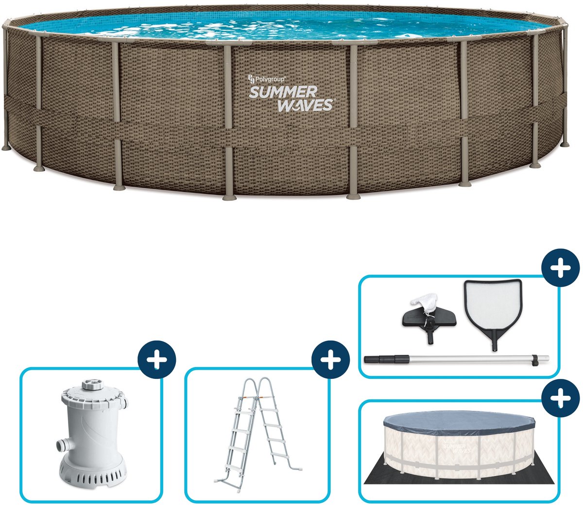 Summer Waves Frame Familiebad Rond - ⌀610 x 122 cm - zwembaden - Inclusief Filterpomp - zwembadpomp - Filterpatroon - Ladder - Afdekzeil - Grondzeil - Onderhoudsset