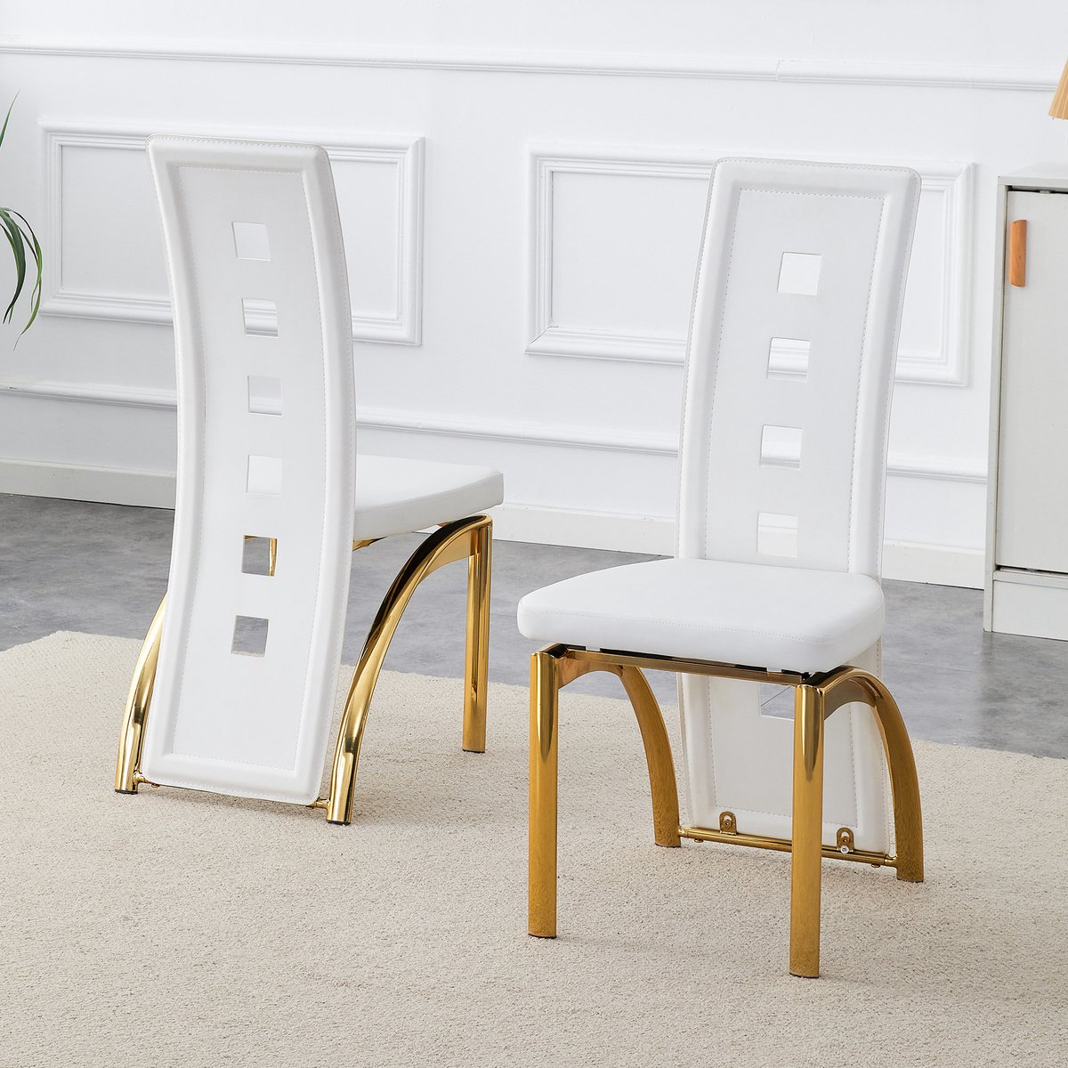Clruro Eetkamerstoel Set - 102,5 cm - Opengewerkt Design - PU-Leer + Metaal - Wit Mat/Goud Glans