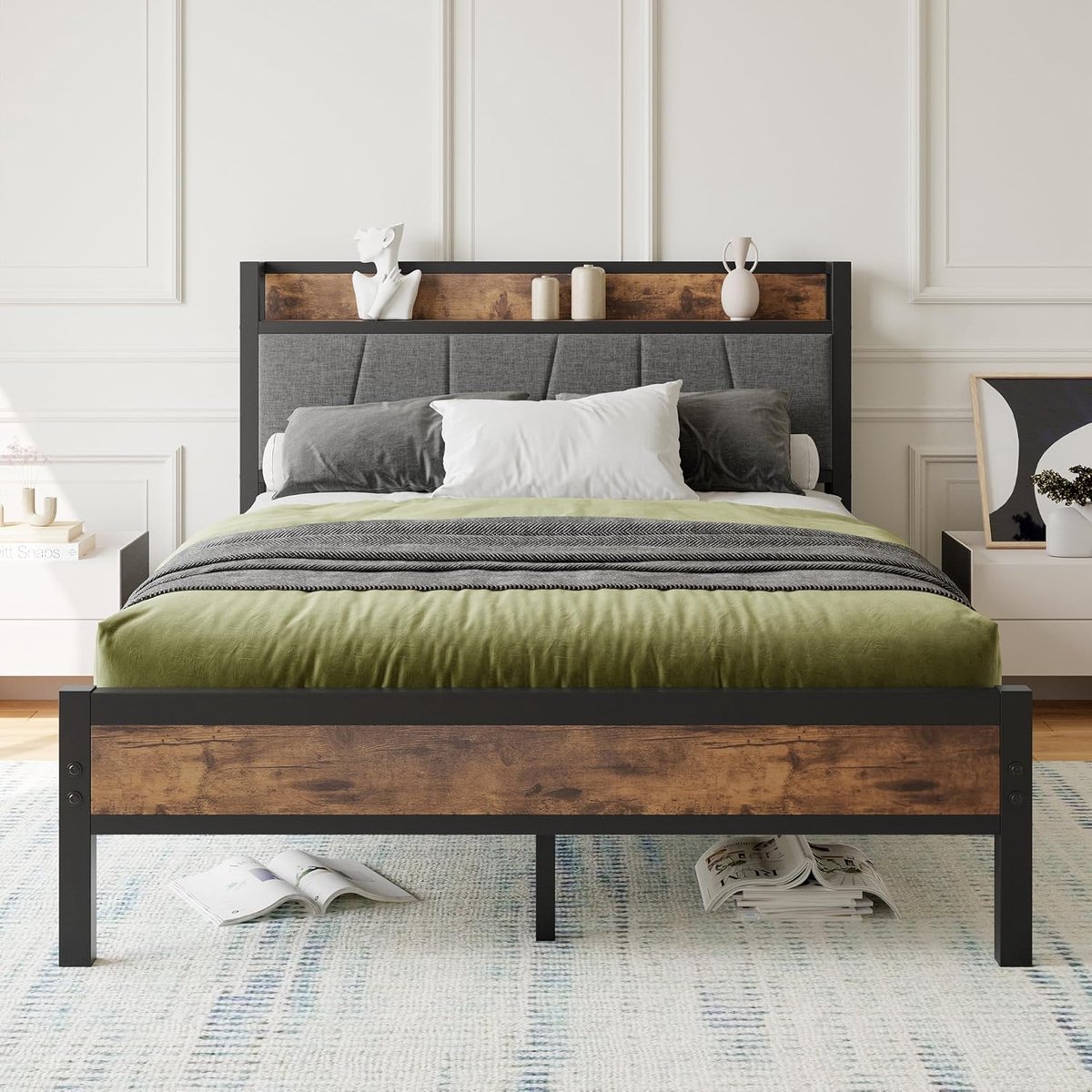 Bedframe met hoofdbord - Metalen bed - Slaapkamer inrichten - Stabiele constructie - 140 x 200 cm - Vintage Bruin Grijs