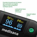 Zwarte vingerpulsoximeter van Medisana met helder display dat SpO2 en hartslag toont.