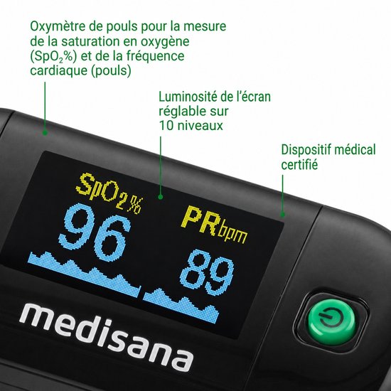 Zwarte vingerpulsoximeter van Medisana met helder display dat SpO2 en hartslag toont.
