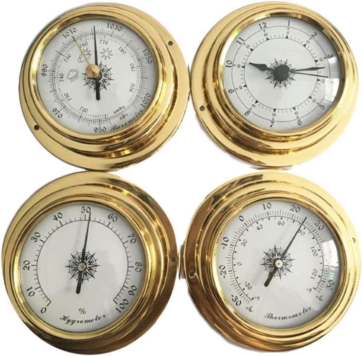 Weerstation Set - Barometer Thermometer - Weersvoorspelling Thuis - Wandmontage Ontwerp - 98mm Diameter - Goud