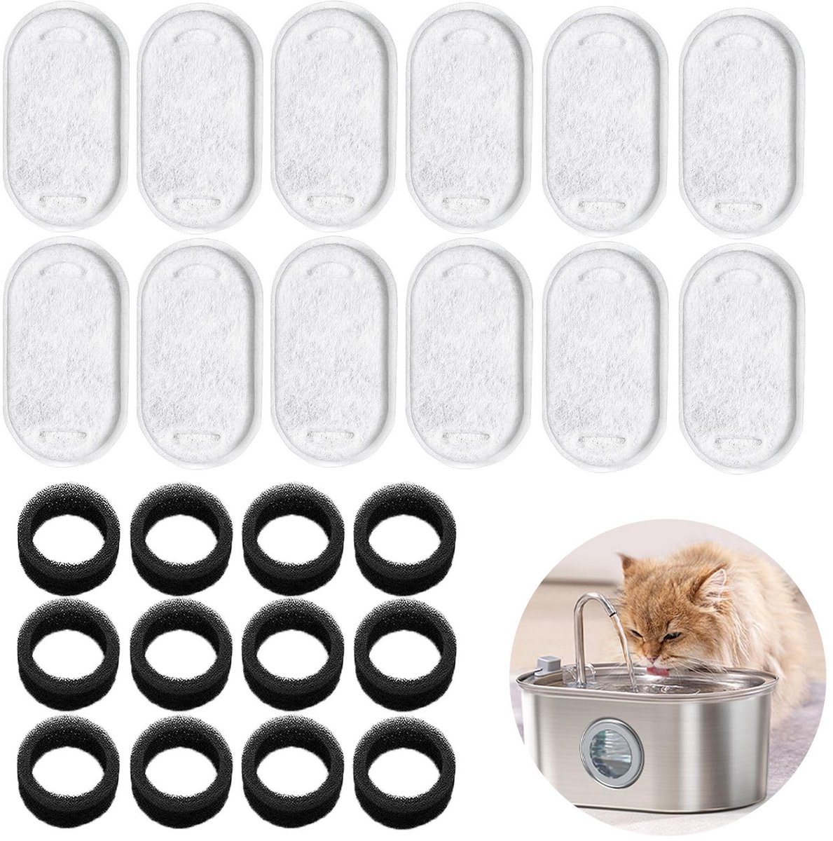 Dailygoods - Kattenwaterfonteinfilterset - Filters voor kattenfontein - 24 stuks - Koolstoffilters en schuimfilters - Schoon en vers water voor huisdi...