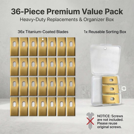 Dailygoods- Reservemessen 36 Stuks - Compatibel met Dreame A1/A2/A1 Pro/A1 Ultra/M1/M2 - Titanium Gecoat - Roestvrij Staal - Opbergdoos - Robotmaaier Messen van Dailygoods — afbeelding 3