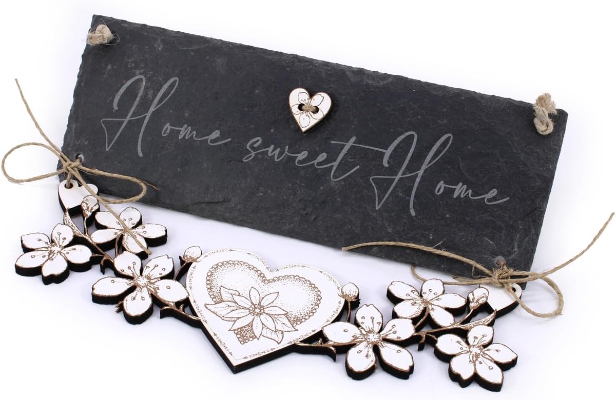 Leisteen bord - Decoratie met hart - Huis verwelkomen - Handgemaakte gravure - 22 x 16 cm - Antraciet