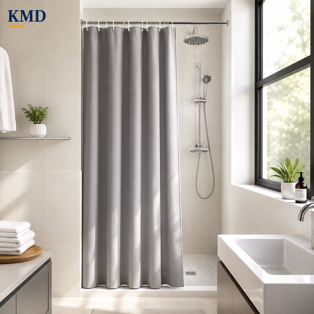 KMD Douchegordijn 120x200cm – Smal model, polyester, waterafstotend, machinewasbaar, grijs