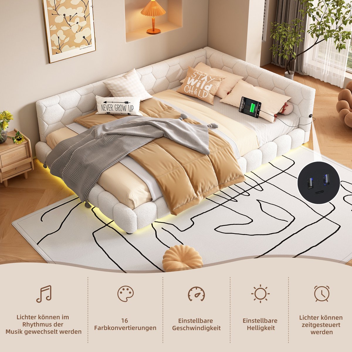 MEUNIQ slaapbank 140 x 200 cm met lattenbodem, 16-kleuren LED-verlichting, USB en Type-C, daybed zonder matras voor slaapkamer of woonkamer, wit