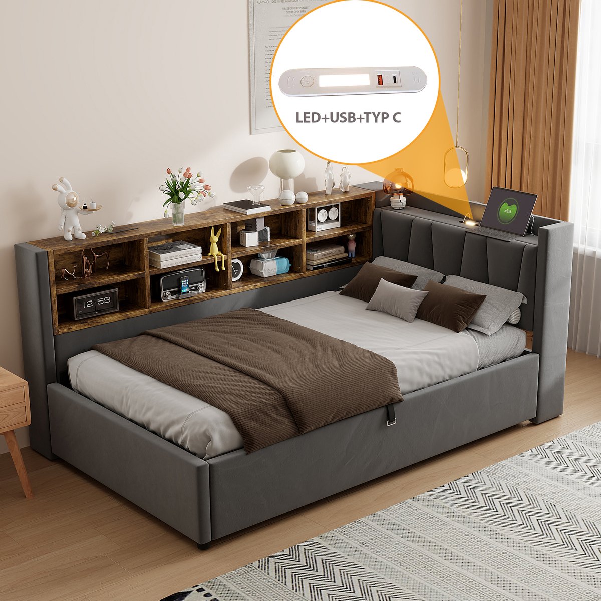 MEUNIQ slaapbank 90x200 cm met hydraulische opbergruimte, hoofdbord met nachtlicht, USB en Type-C, open vakken en lattenbodem voor slaapkamer, grijs Donkergrijs