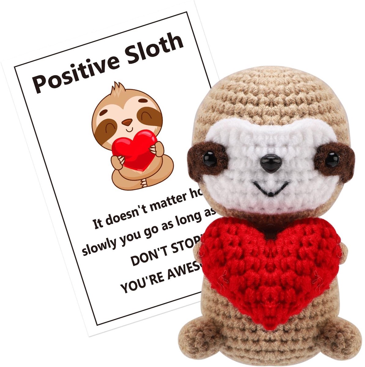 Dailygoods- Luiaard met Rood Hart - Schattig Gehaakt Dier - Positieve Kaart - Emotionele Steunpop - Cadeau voor Vrienden - 10x6x6cm - Knuffel