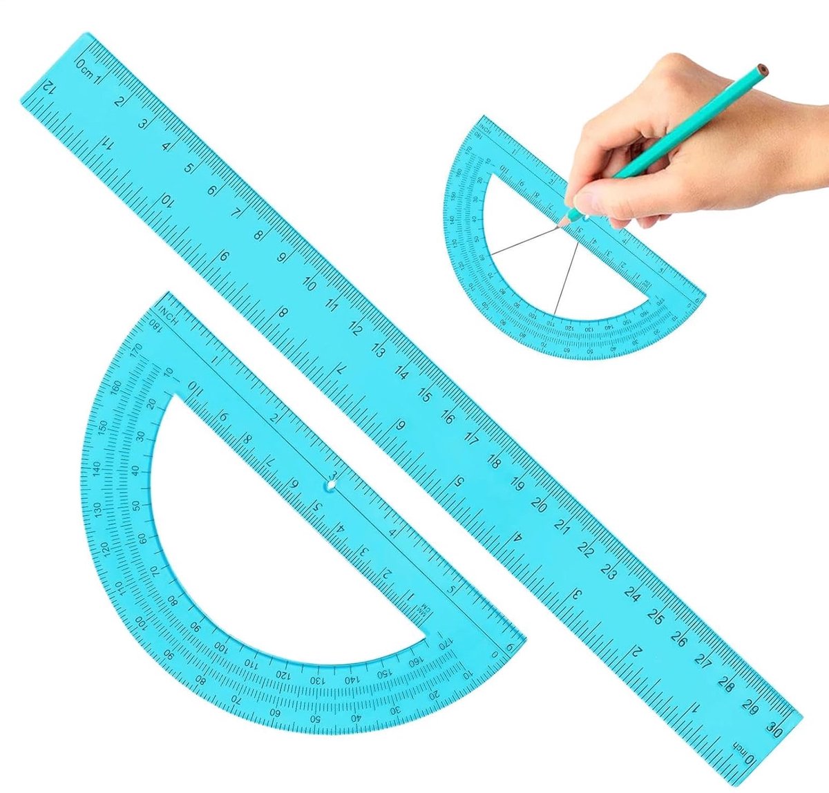 Liniaal en gradenboog - Meetinstrument set - Wiskunde leren - Transparant PVC - 30 cm liniaal - Blauw