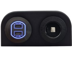 ProRide 12-24V USB C Autolader 2 Poorten Opbouw - 100W+20W - Sigarettenaansteker - Tweevoudig Paneel - Blauw