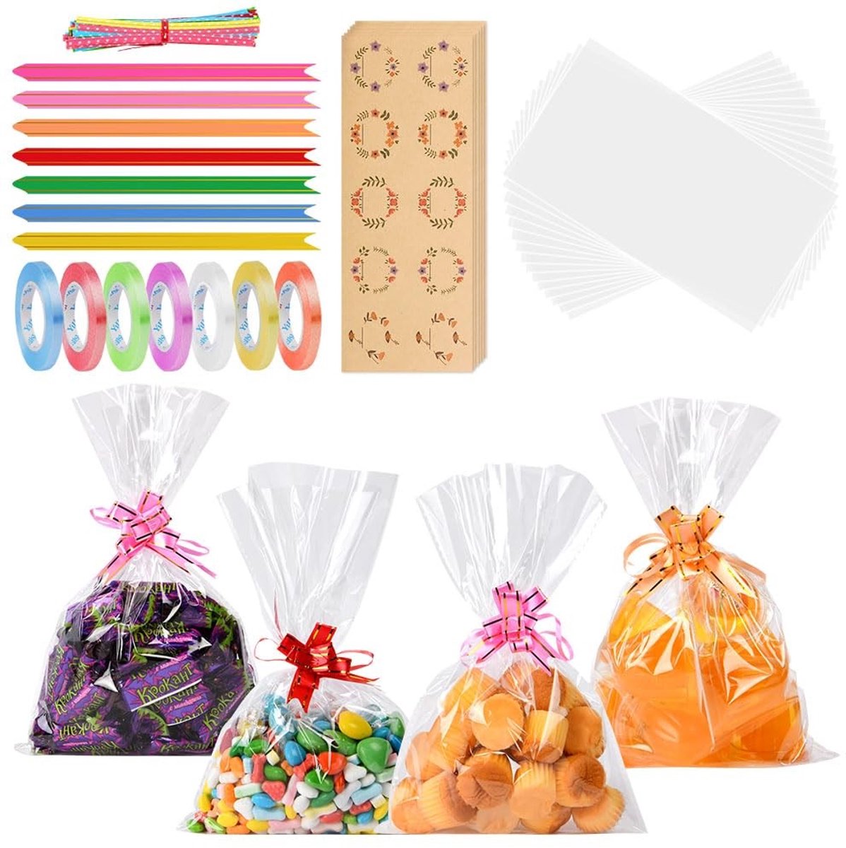 Dailygoods - OFFCUP Geschenkzakjes, 70 stuks cellofaanzakjes, 12 x 17 cm, snoep- en koekjeszakjes met 100 draaibinders, transparante snoepzakjes voor het verpakken van geschenken, voor bruiloften, feesten