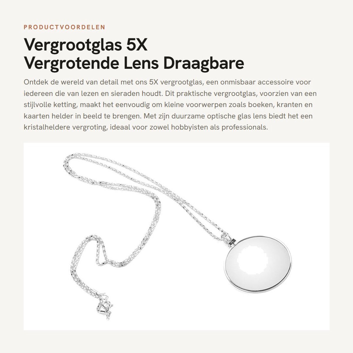 Dailygoods- Vergrootglas 5X - Draagbaar - Ketting - Optisch Glas - Duurzaam - Voor Lezen en Inspectie - Loep