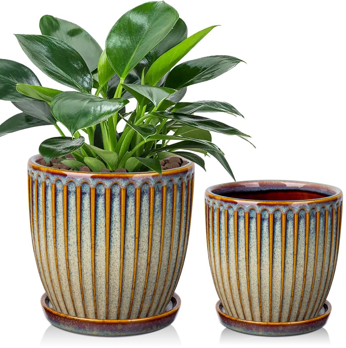 Dailygoods- Plantenpotten Set van 2 - Keramische Bloempotten 13/15 cm - Bruine Plantenbakken - Met Drainagegaten - Moderne Decoratie - Bloempot