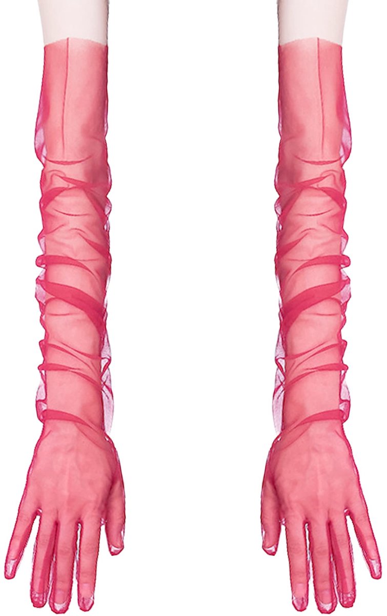 Dailygoods- Bruidshandschoenen Lange Tule - Mesh Handschoenen - Zwart/Wijnrood - Ademend - Comfortabel - Geschikt voor Bruiloft