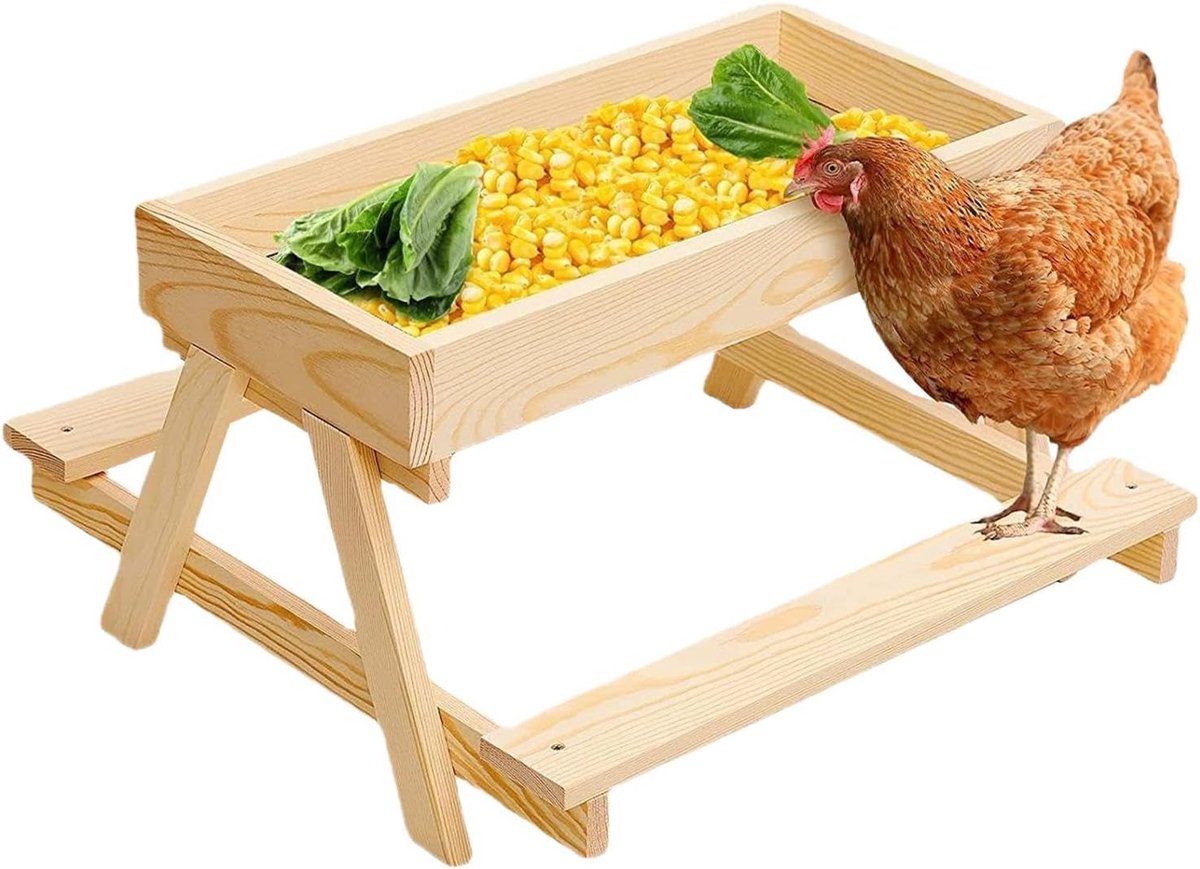 Kippen Voederbak - Pluimvee Tafel - Voeren Dieren - Interactief Pedaal - 37.5x37.5x21cm - Houtkleur