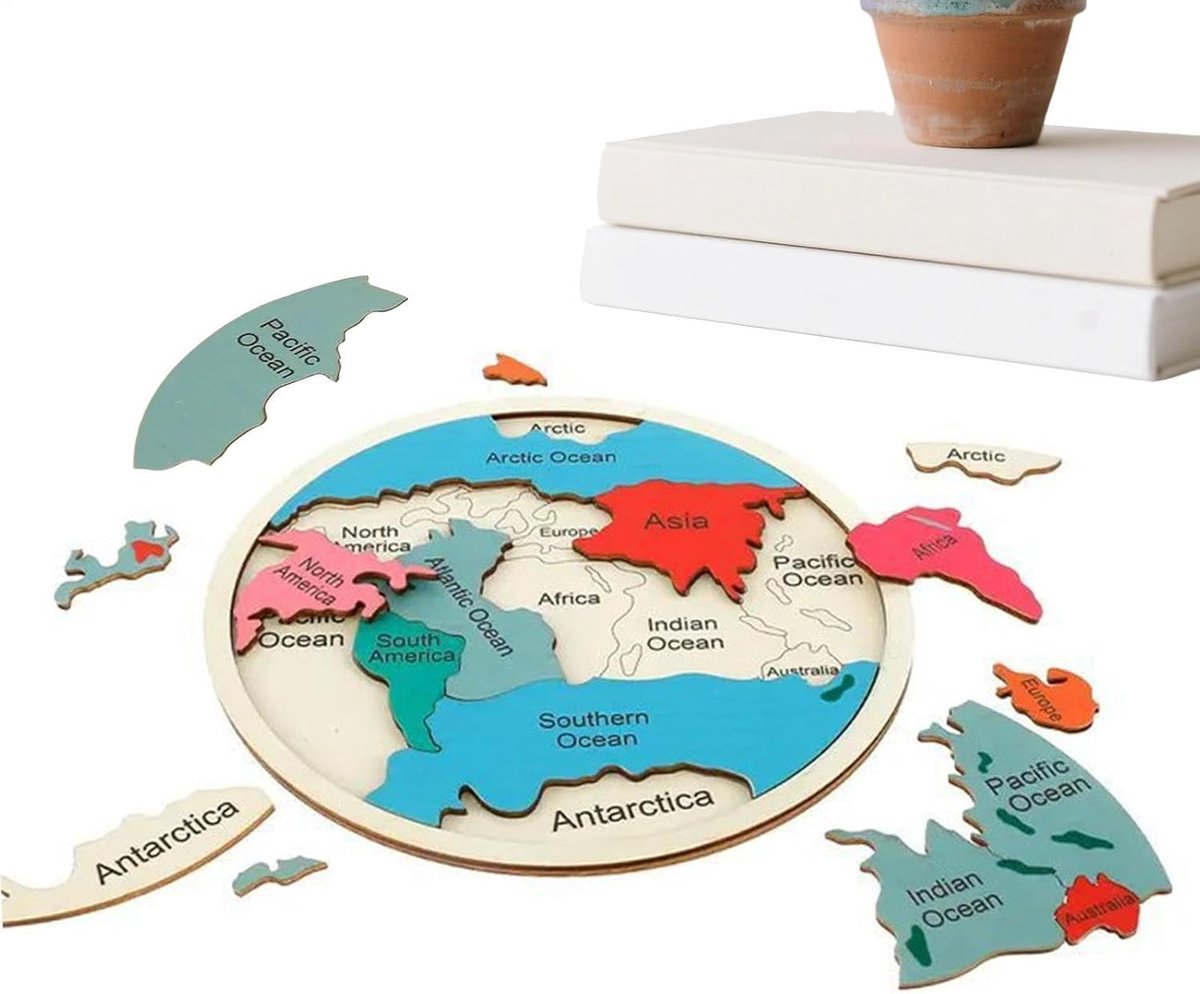Houten Wereldkaart Puzzel - Educatieve Puzzel - Geografie Leren - Natuurlijk Hout Materiaal - 30 cm - Wereldkaart