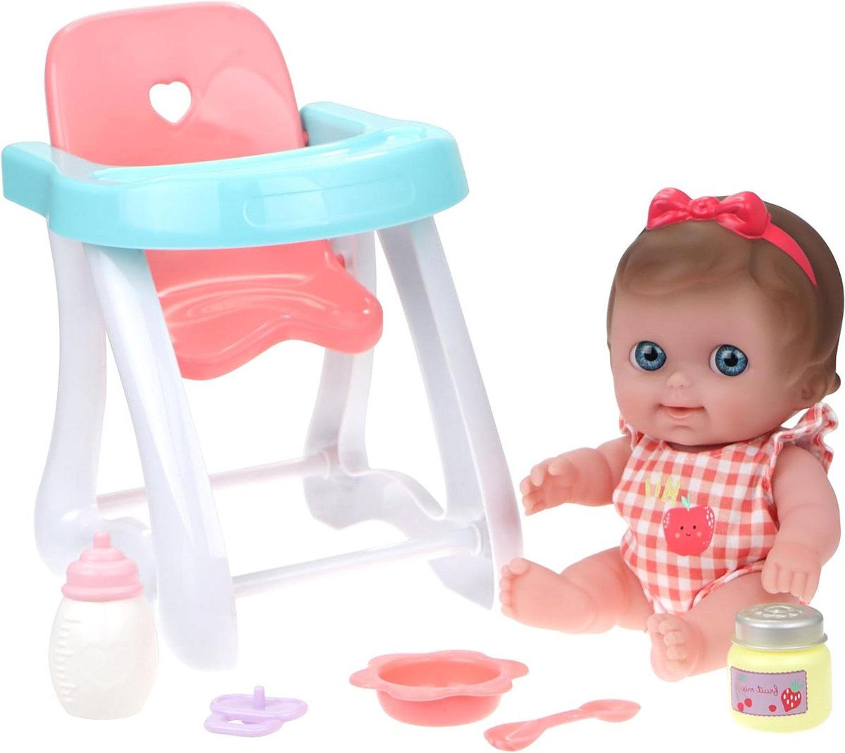 Babypop met accessoires - Poppenhuis speelgoed - Kinderspel - Inclusief eetstoel - 24 cm - Roze