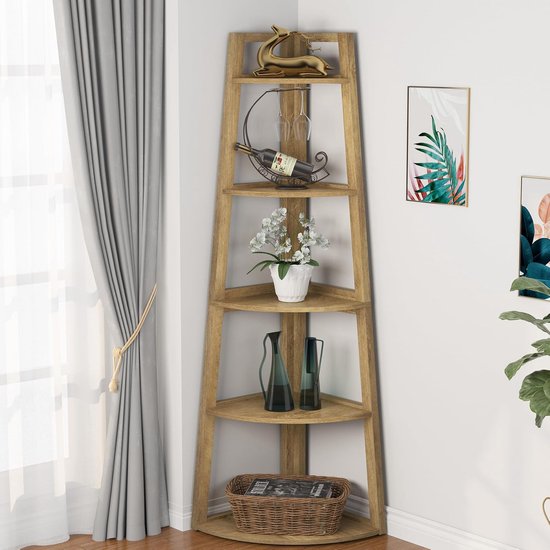 Tribesigns Boekenkast - Boekenrek - Hoekkast - Hoekmeubel - 5 Legplanken - 38x38x176cm - Lichtbruin