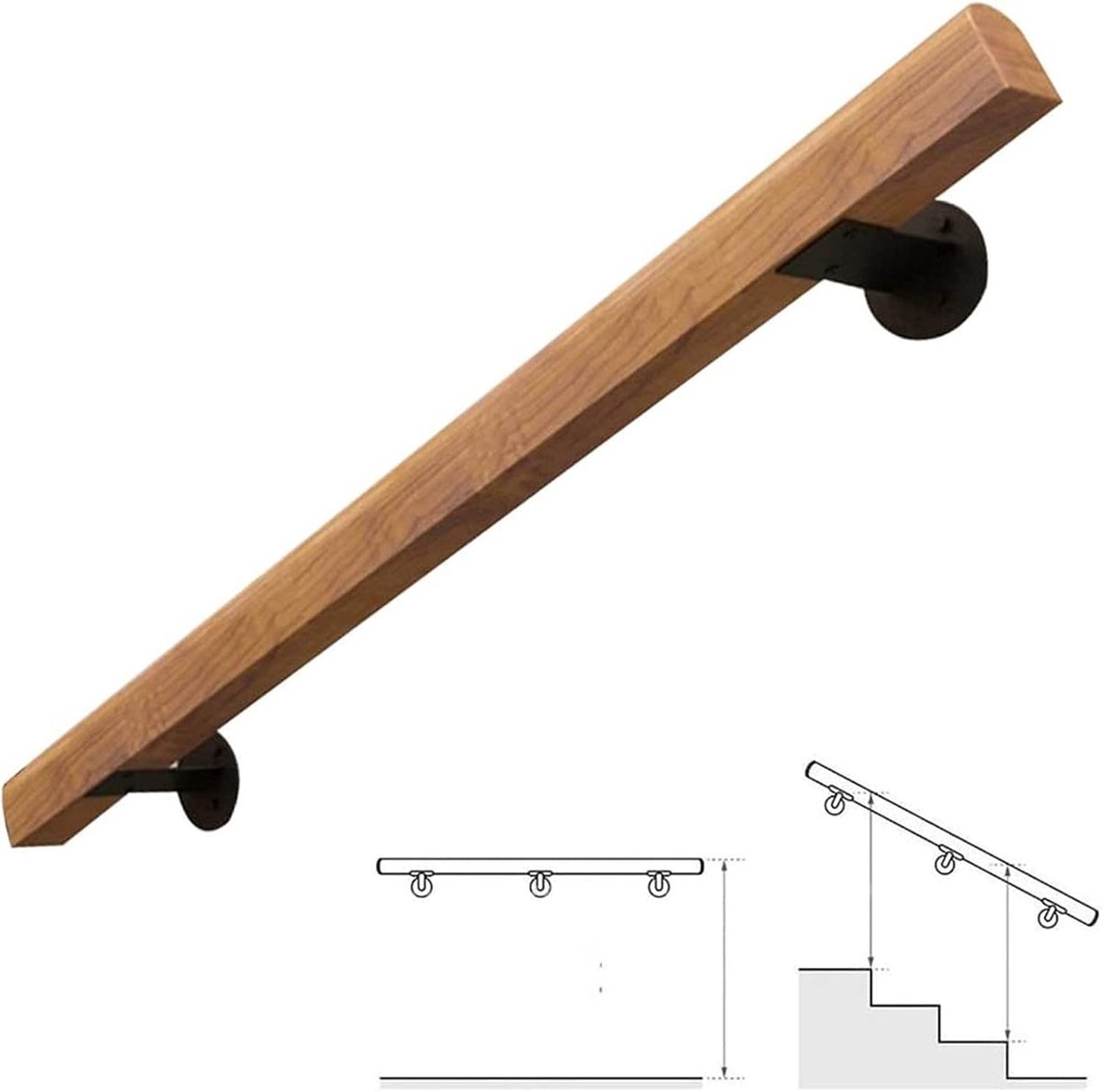 Massief houten trapleuning - Wandgreep trap - Veilig traplopen - Smeedijzeren houders - Op maat lengte - Houtkleur